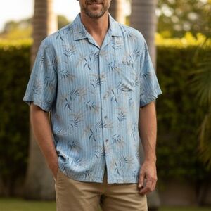 Tommy Bahama Blue Striped Palm Leaf Camp Shirt - Size L.